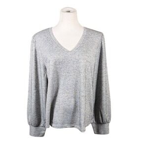 Fever Women XL Grey Marled Ribbed V-Neck Balloon Sleeve Pullover Sweater Top NEW
